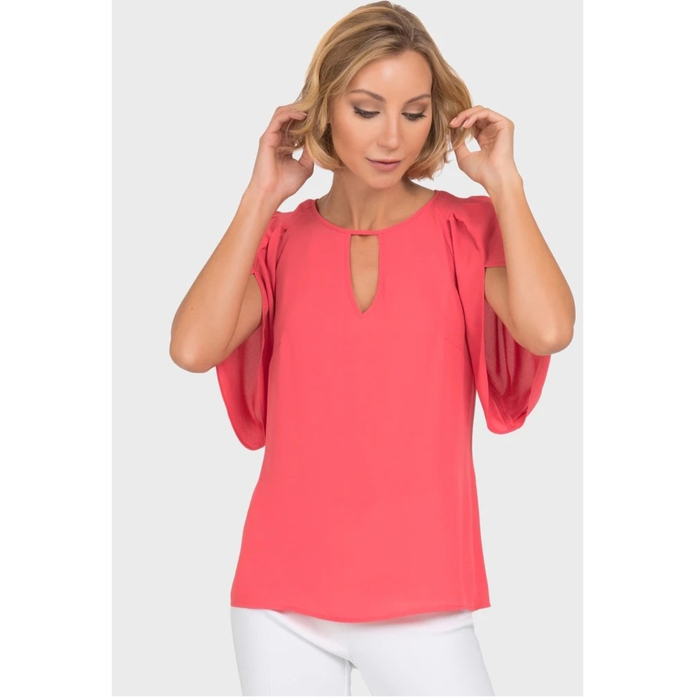 Joseph Ribkoff Blouse Shirt 14 Large Tulip Flutter Sleeve Keyhole Coral Orange
